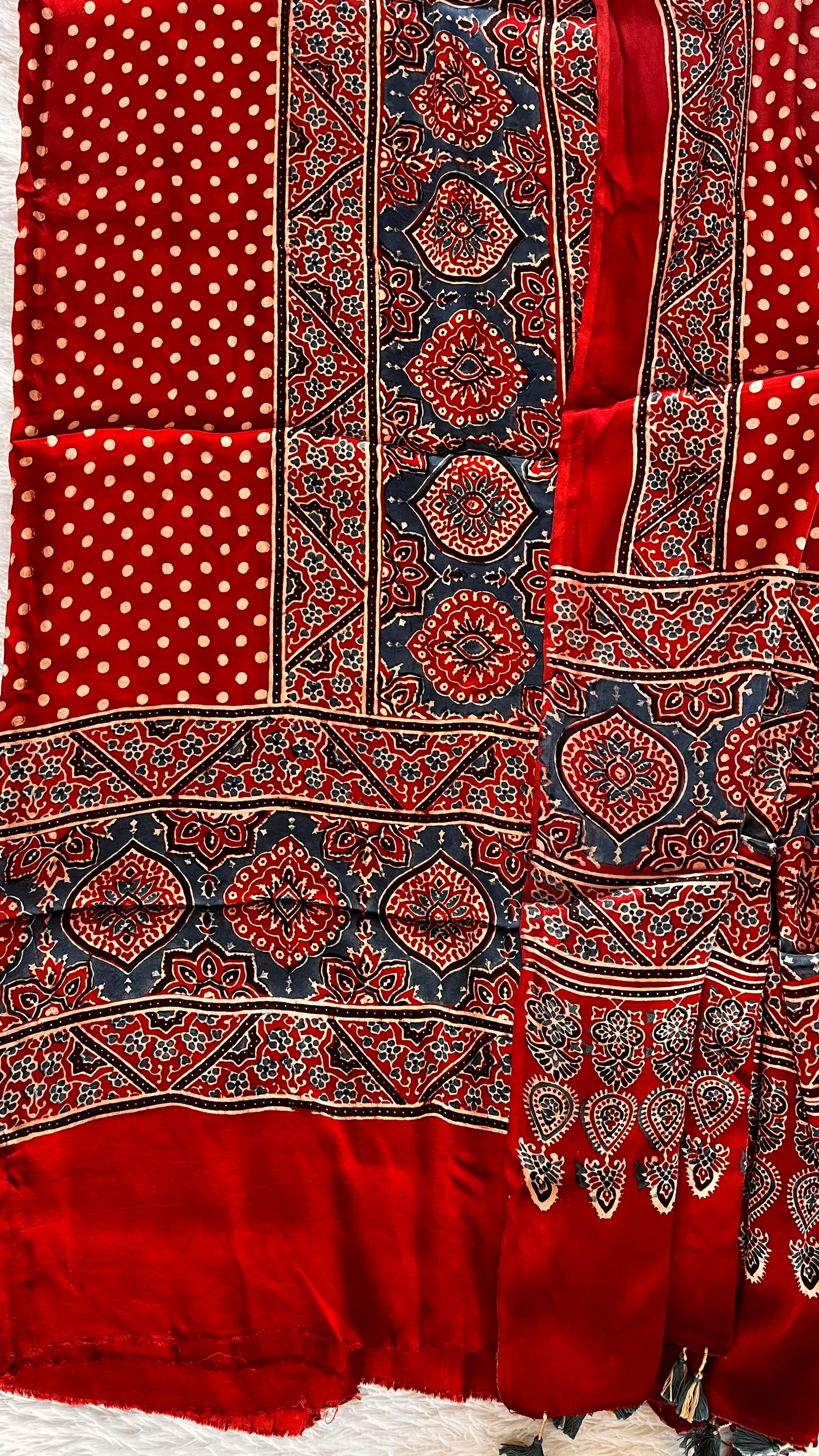 Red Classic Badaam Buta and Polka Motif Modal Silk Ajrakh Natural Dyed Hand Block Print 2pc Suit Material