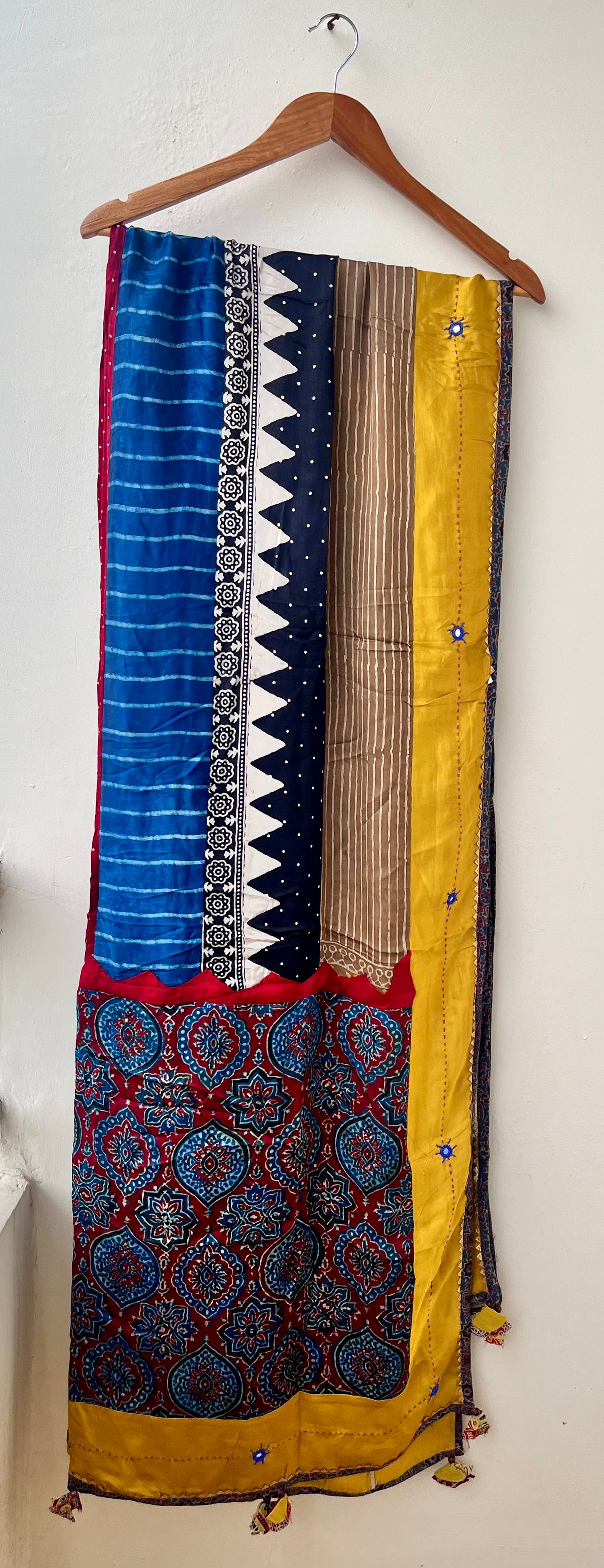 Multi Shade Ajrakh Applique Patchwork Modal Silk Mirror work Dupatta with Kantha work and Tassels