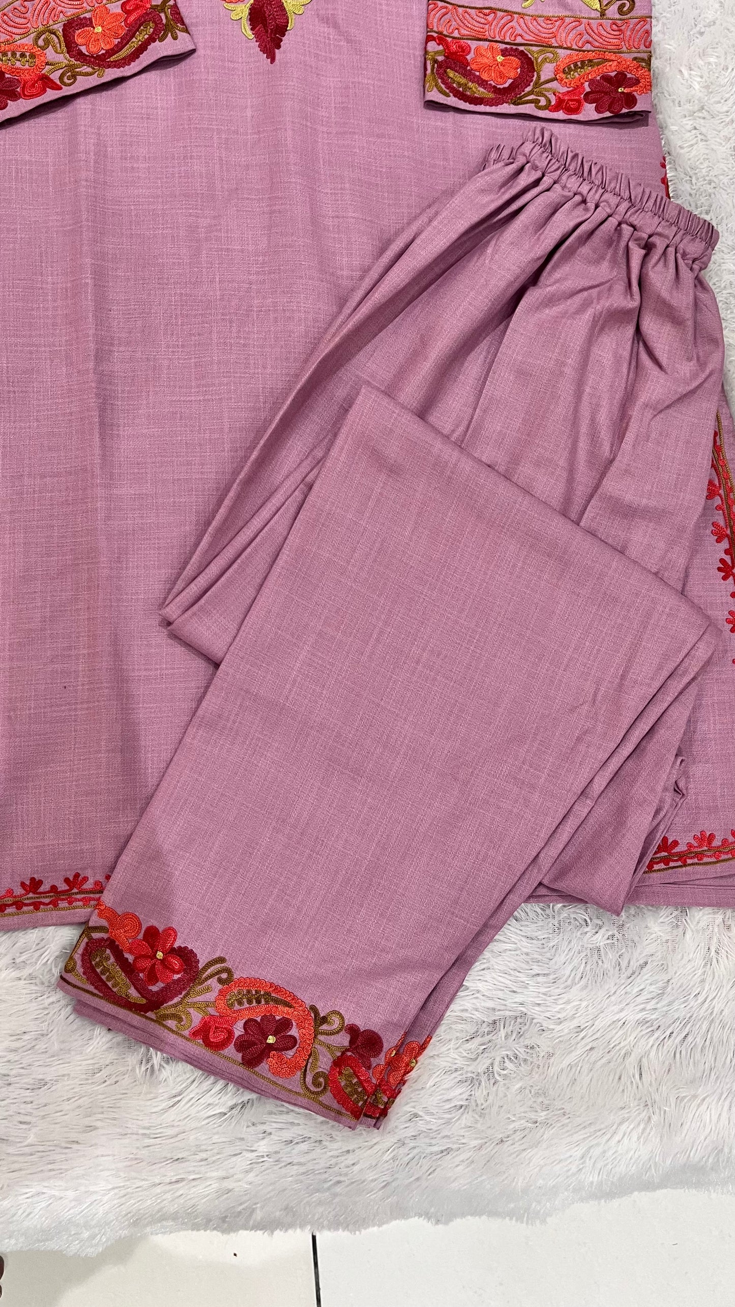 Mauve Floral Print Pure Cotton Kashmiri Embroidery Kurta and Pant Set ( Size 40, 42)