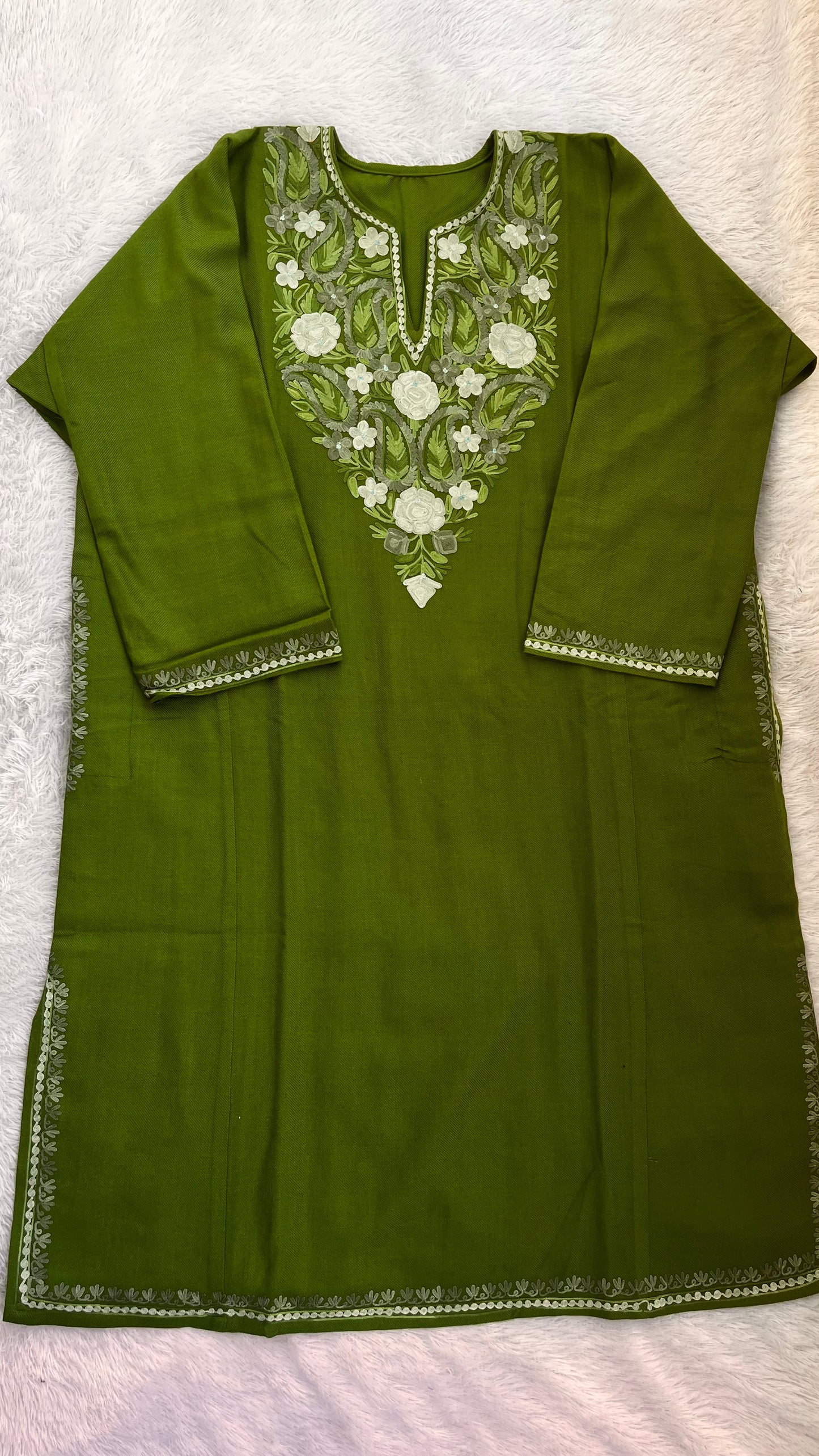 Forest Green with Matching Shade Kashmiri Aari Work Full Embroidered Pheran with Pockets