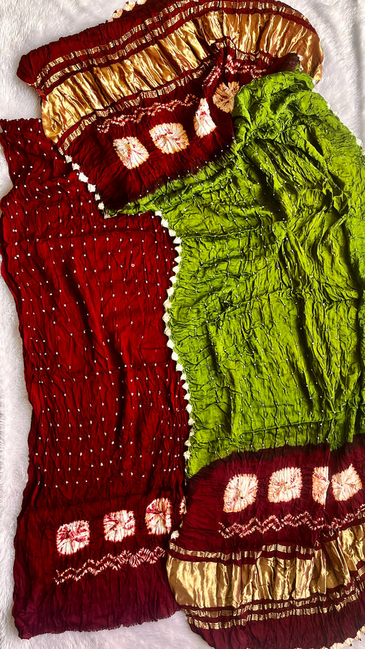 Maroon and Green Bandhej Natural Dyed Hand Block Print 2pc Suit Material Set with Lagdi Patti Dupatta