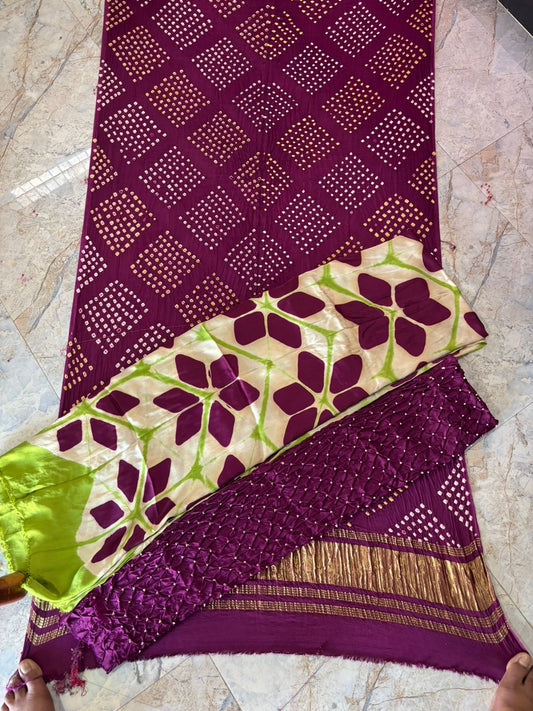 Plum Mehroon and Offwhite Modal Silk 3 pc with Bandhej Dupatta/ Lower And Clamp Dye Kurta