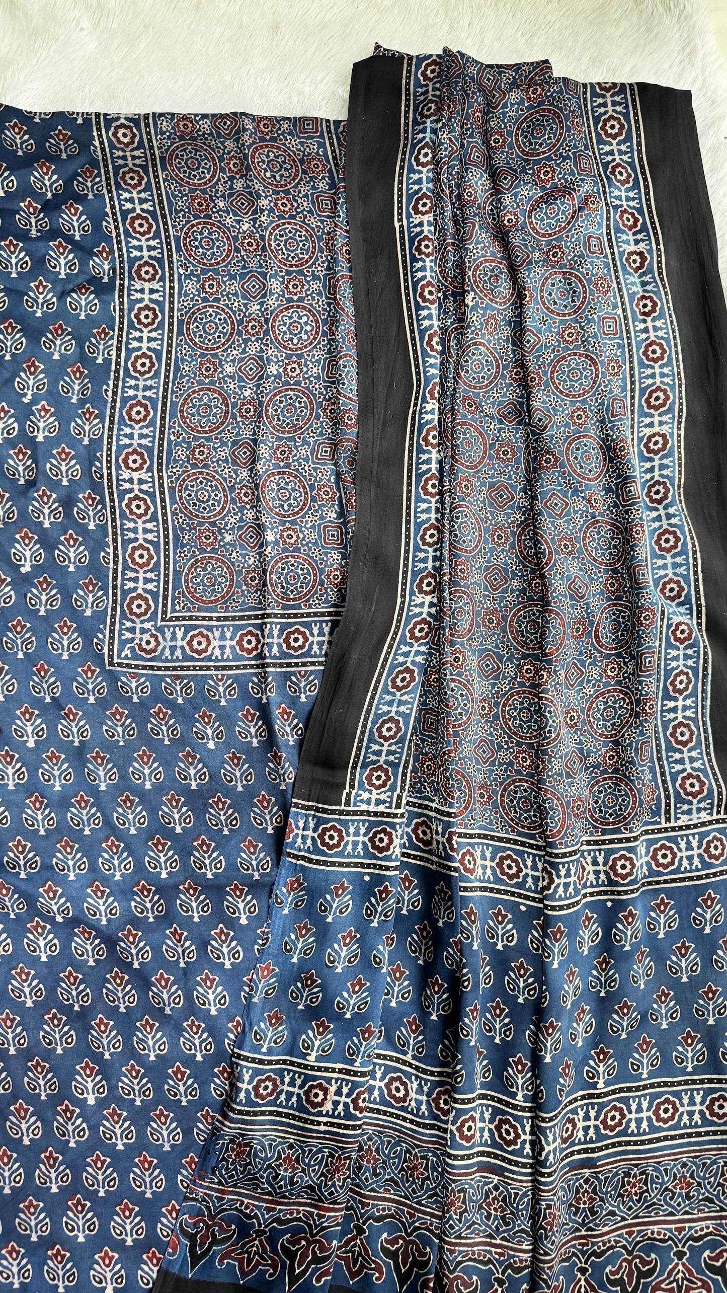 Blue Small Buti Motif Modal Silk Hand Block Print 2pc Suit Material Set