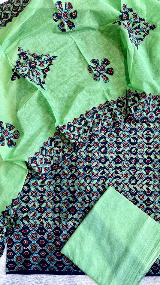 Black and Green Ajrakh Applique Cut Work Pure Cotton 3pc Suit Material Set