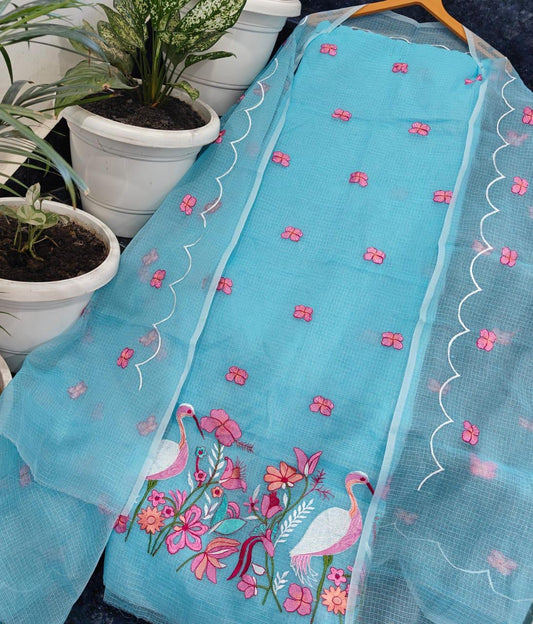 Sky Blue Kota Doria 3 Piece Suit Set with Saaras Bird Motif and Kota Doria Dupatta
