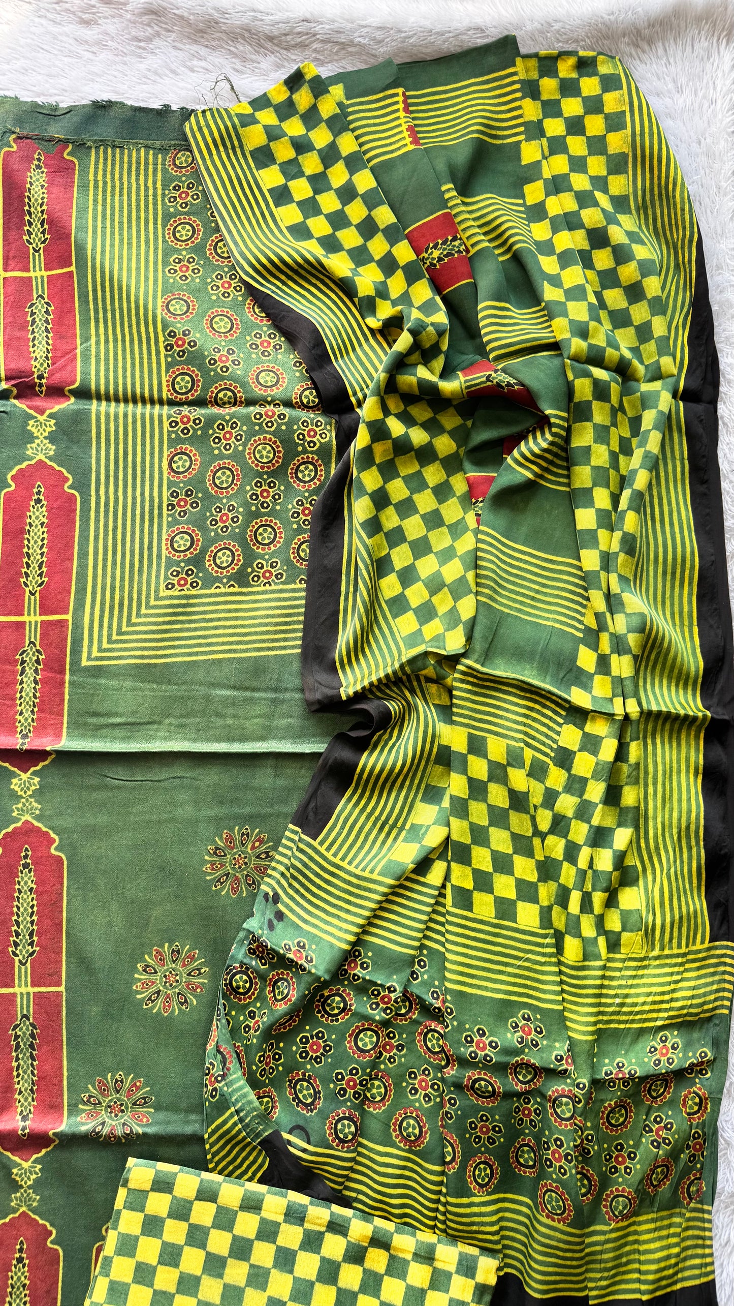 Green Minaar Motif Ajrakh Hand Block Print Mashru Silk 3 pc Suit Material with Modal Silk Dupatta