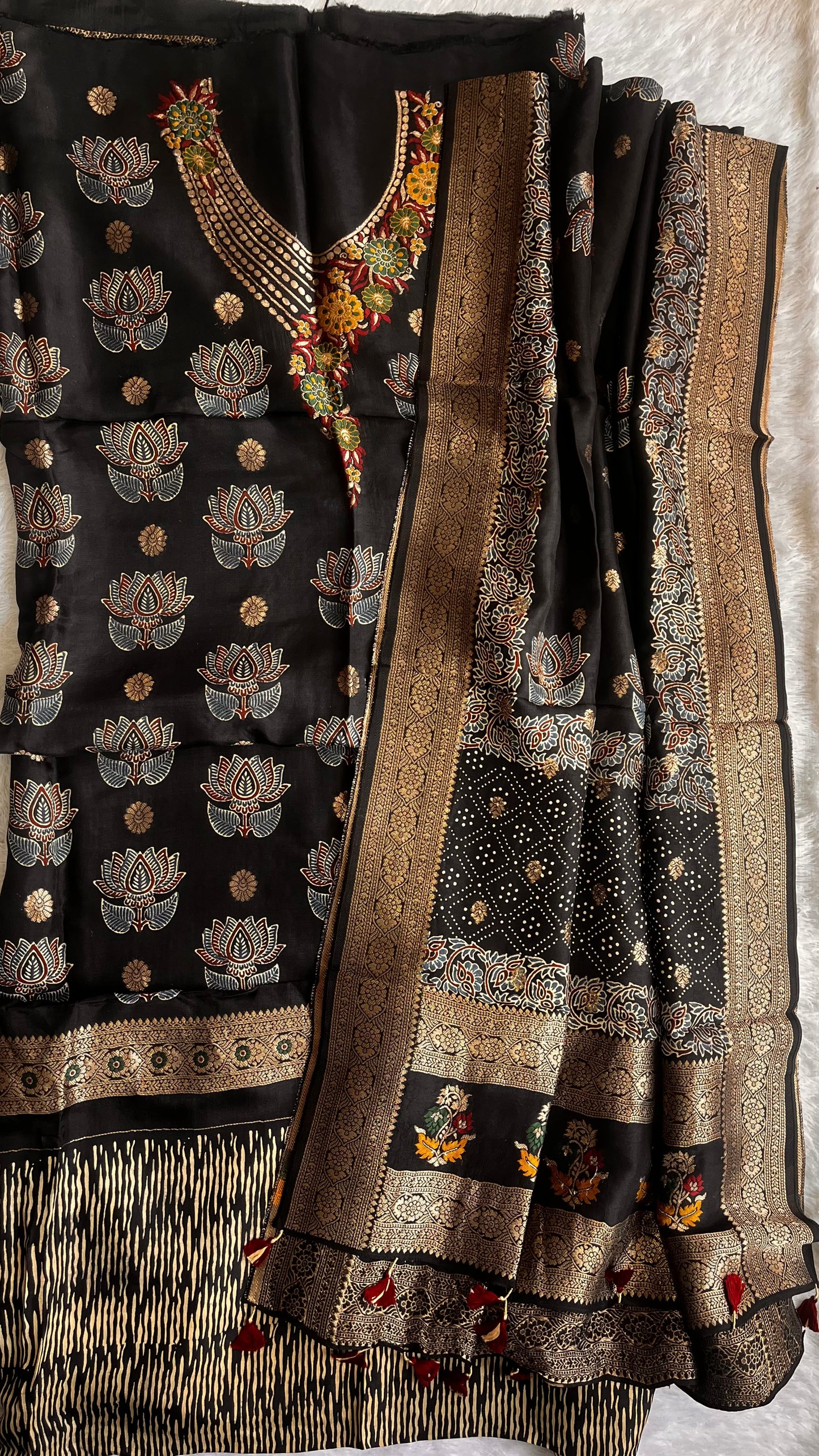 Regal Black Butterfly Boota Pure Dola Silk Ajrakh Hand Block Print 2pc Suit Material Set with Menakari Yoke and Nakkashi Dupatta