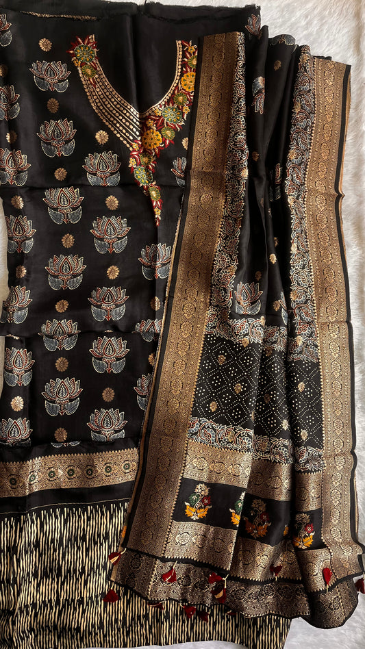 Regal Black Butterfly Boota Pure Dola Silk Ajrakh Hand Block Print 2pc Suit Material Set with Menakari Yoke and Nakkashi Dupatta