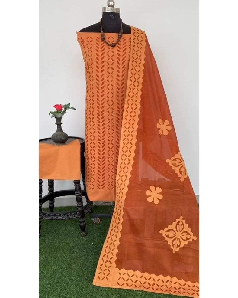 Flaming Orange Barmer Applique Cut Work Cotton 3pc Suit Material Set