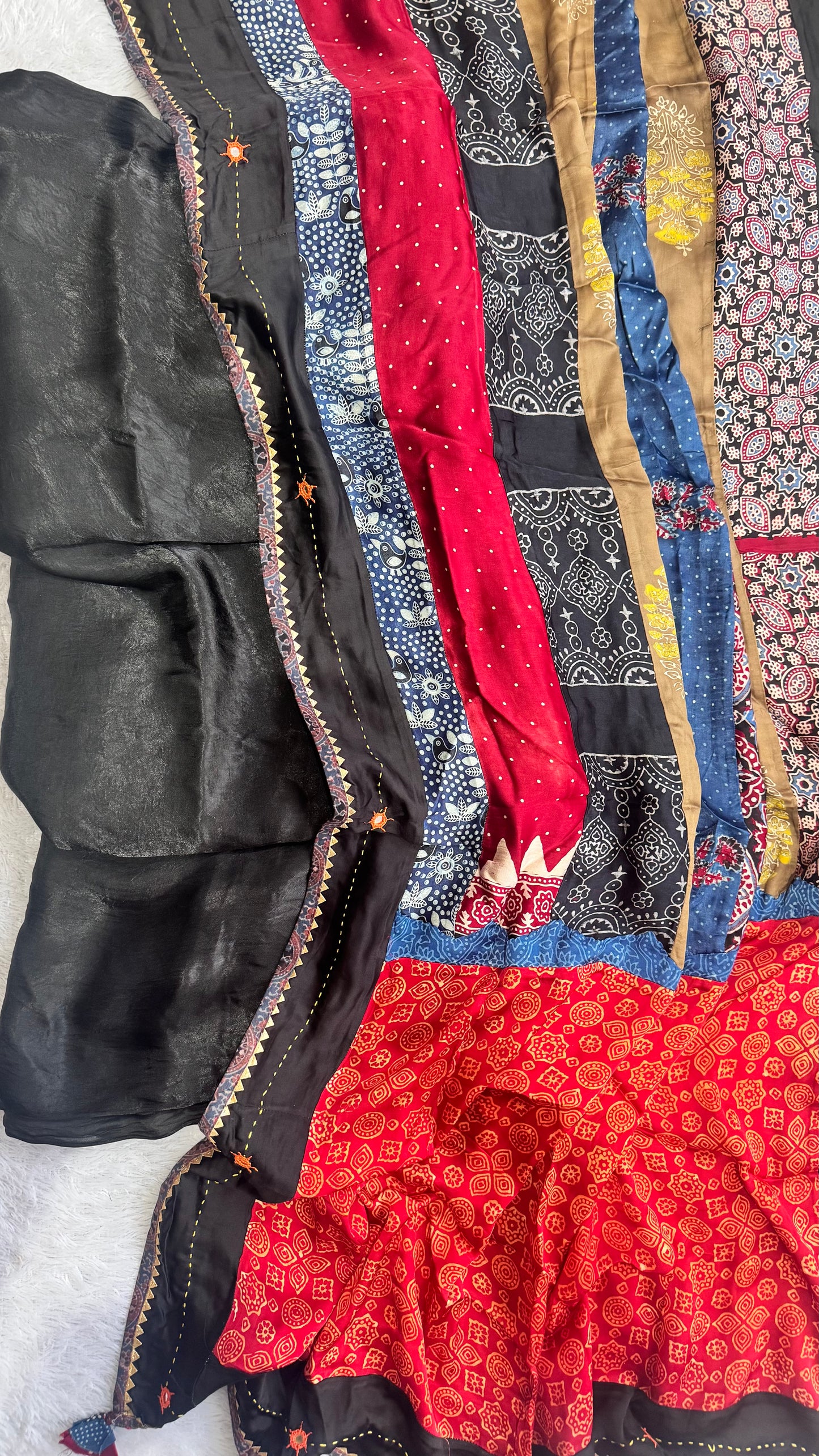 Dominant Black Solid Shade Modal Silk Suit Material with Multi Shade Modal Silk Applique Work Dupatta