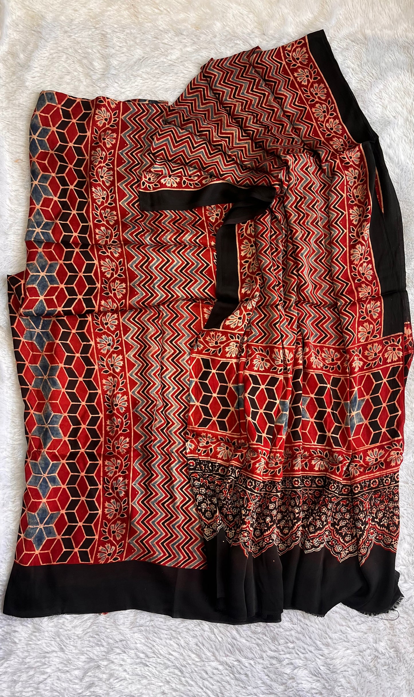 Red Grid Motif Ajrakh Hand Block Modal Silk 2 pc Suit Material Set