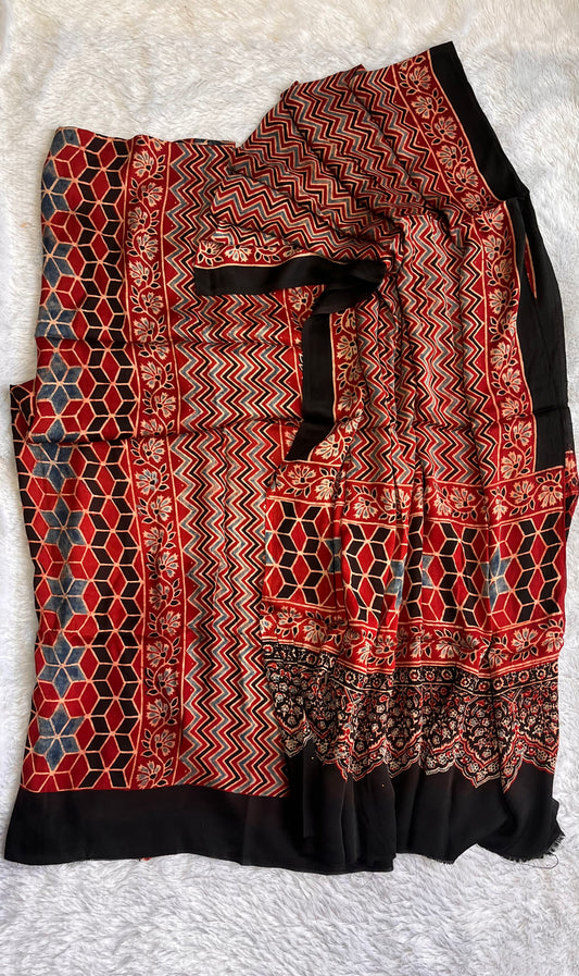 Red Grid Motif Ajrakh Hand Block Modal Silk 2 pc Suit Material Set