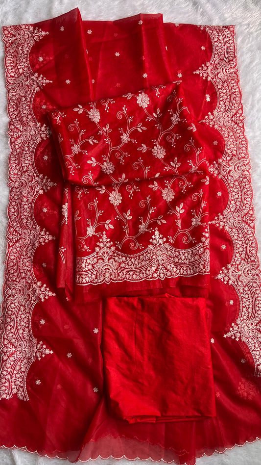 Fiery Red Banarasi Tissue Silk 3-Piece Suit with Threadwork & Organza Dupatta