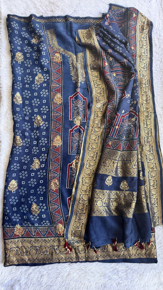 Blue Jharokha Boota Pure Dola Silk Ajrakh Hand Block Print 2pc Suit Material Set with Zari Yoke and Nakkashi Dupatta