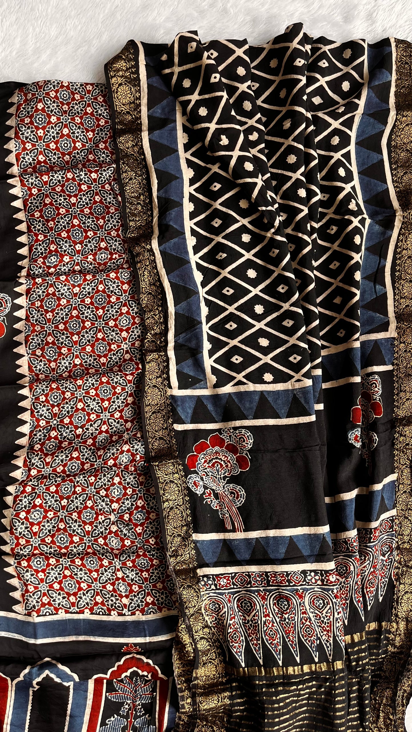 Black Jharokha Buta Motif Modal Silk Suit Material with Ajrakh Dola Silk Dupatta