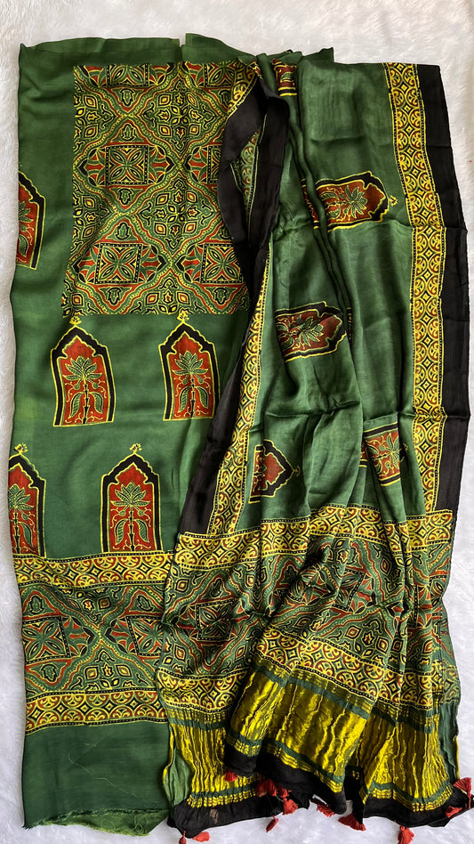 Green and Yellow Jharokha Motif Modal Silk Ajrakh Natural Dyed Hand Block Suit Set with Lagdi Patti Dupatta