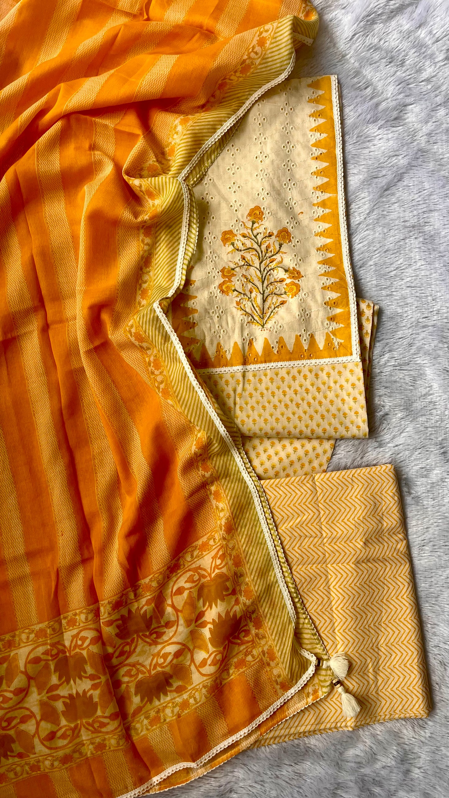 Yellow Small Booti with Schiffli Yoke Unstitched Pure Cotton Suit Set with Mul Cotton Dupatta