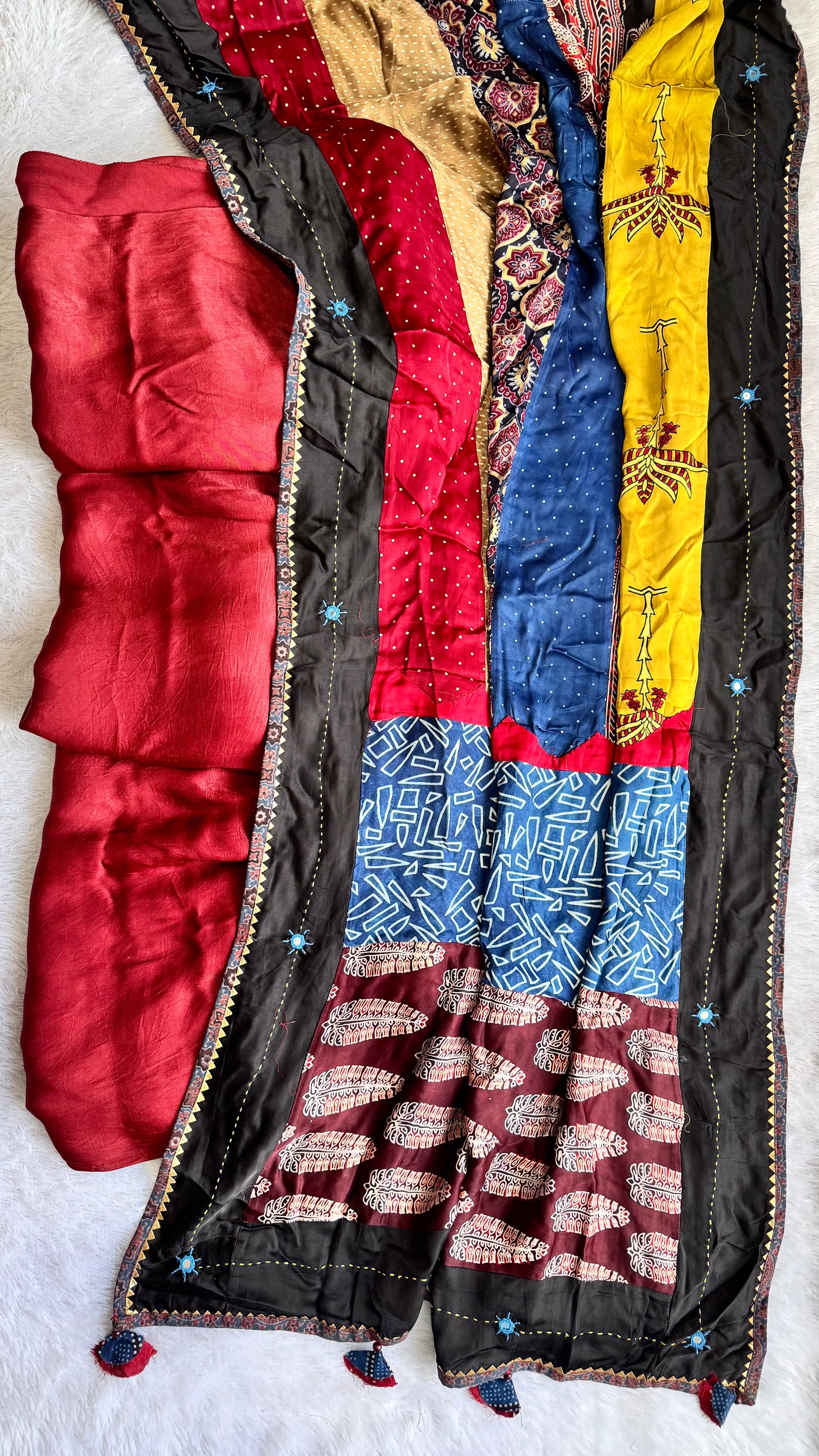 Maroon Solid Shade Modal Silk Ajrakh Hand Block Print 2pc Suit Material Set with Applique Work Dupatta