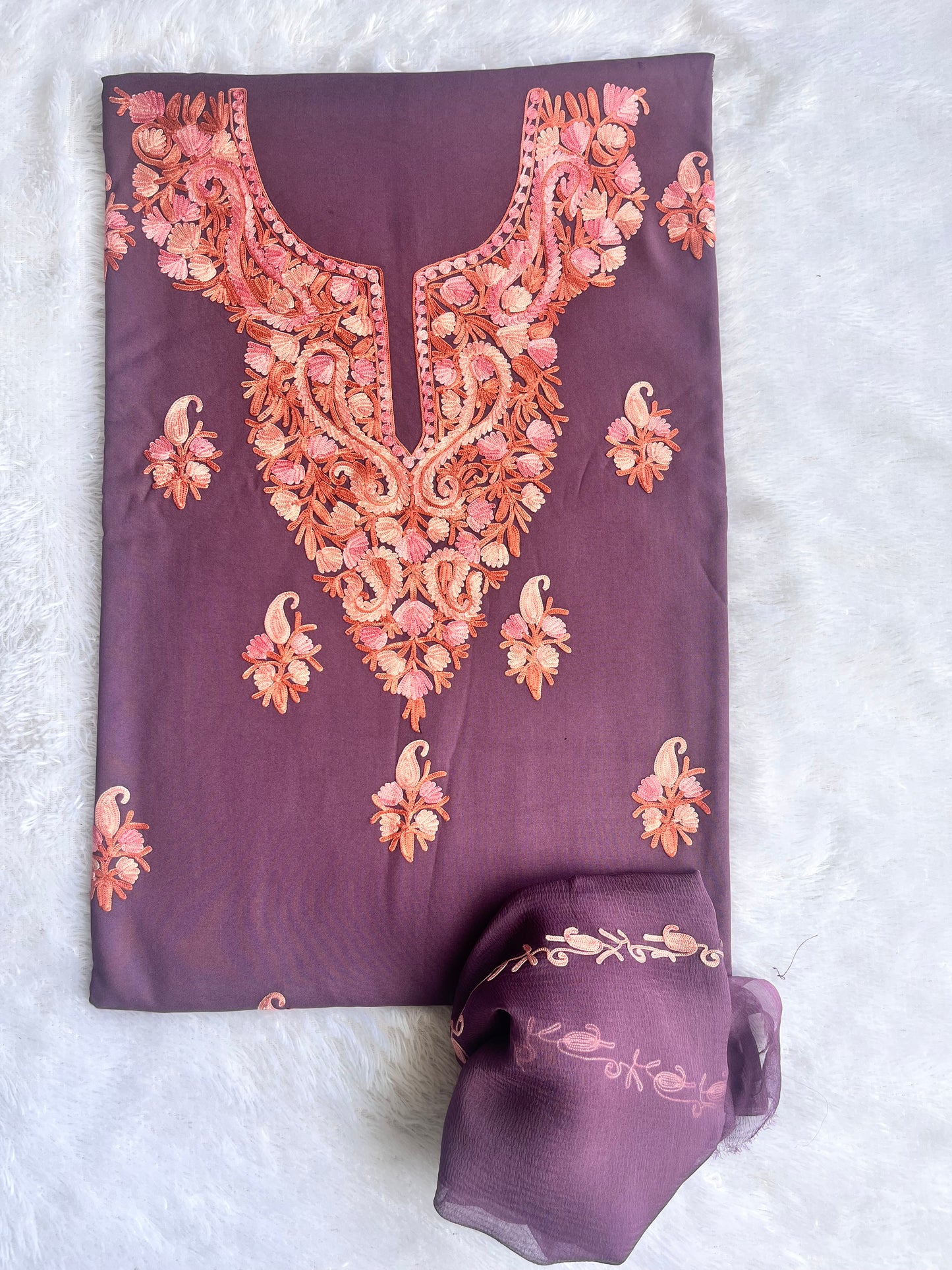 Plum Purple Muslin Cotton Kashmiri Aari Full Embroidered 3pc Suit Set