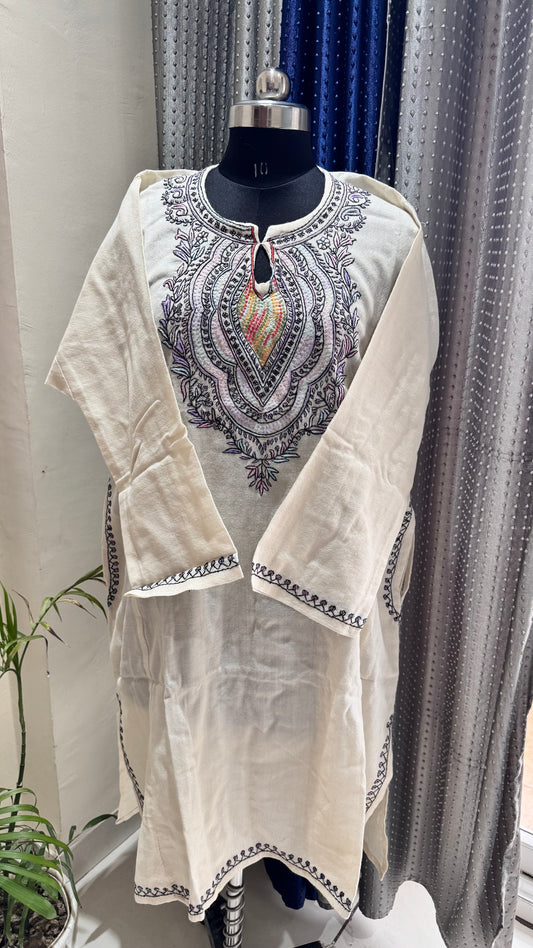 Serene White Shade Sozni Hand Embroidered Pure Marino Wool Kashmiri Pheran with Pockets and Hand Embroidered Sleeves (Size 56”)