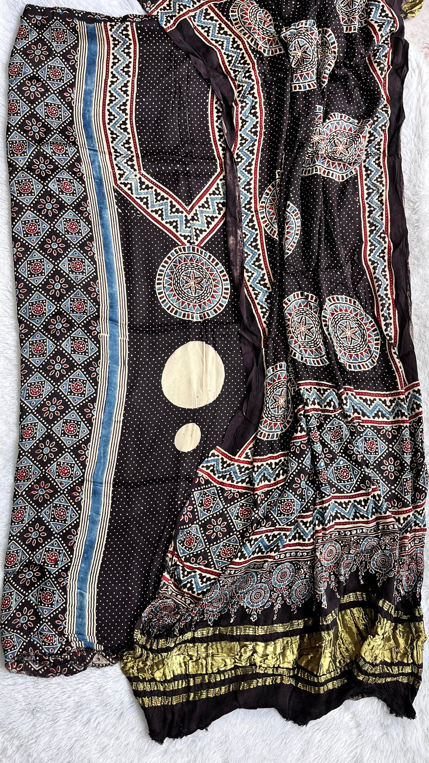 Off white and Black Solid Shade Dhaari Motif Modal Silk Suit with Ajrakh Modal Lagdi Patti Dupatta
