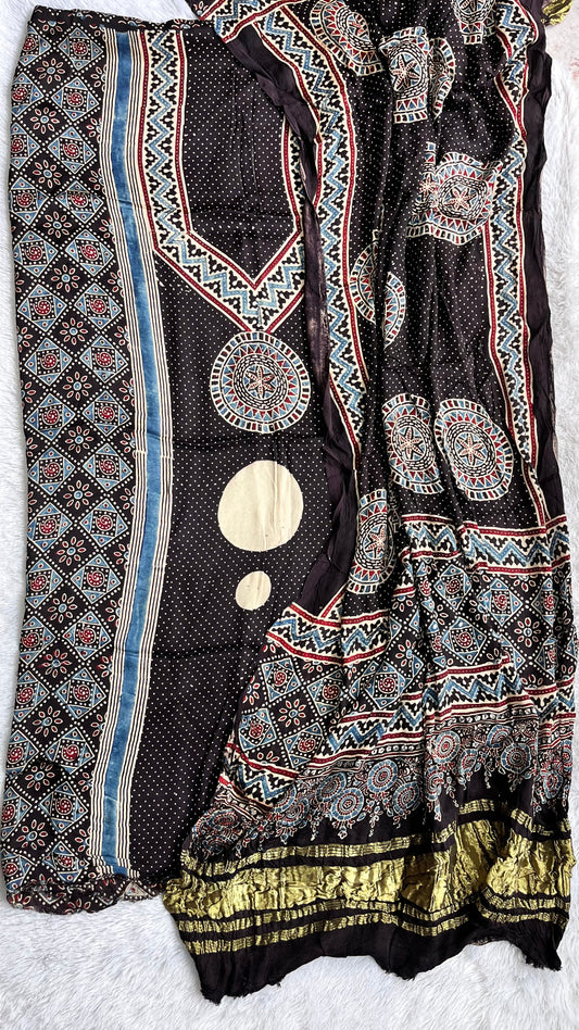 Off white and Black Solid Shade Dhaari Motif Modal Silk Suit with Ajrakh Modal Lagdi Patti Dupatta