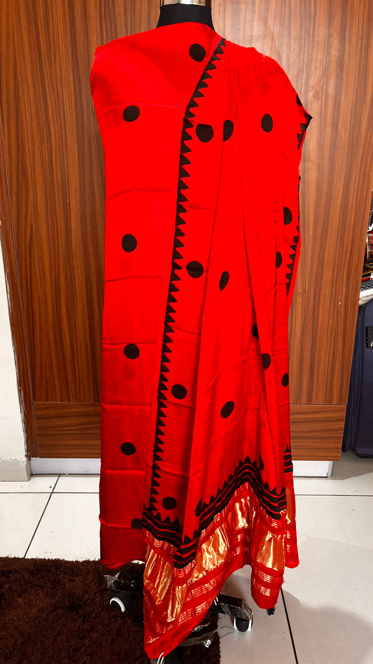 Red Alert Polka Motif Pure Modal Silk 2pc Suit Set with Lagdi Patti Dupatta