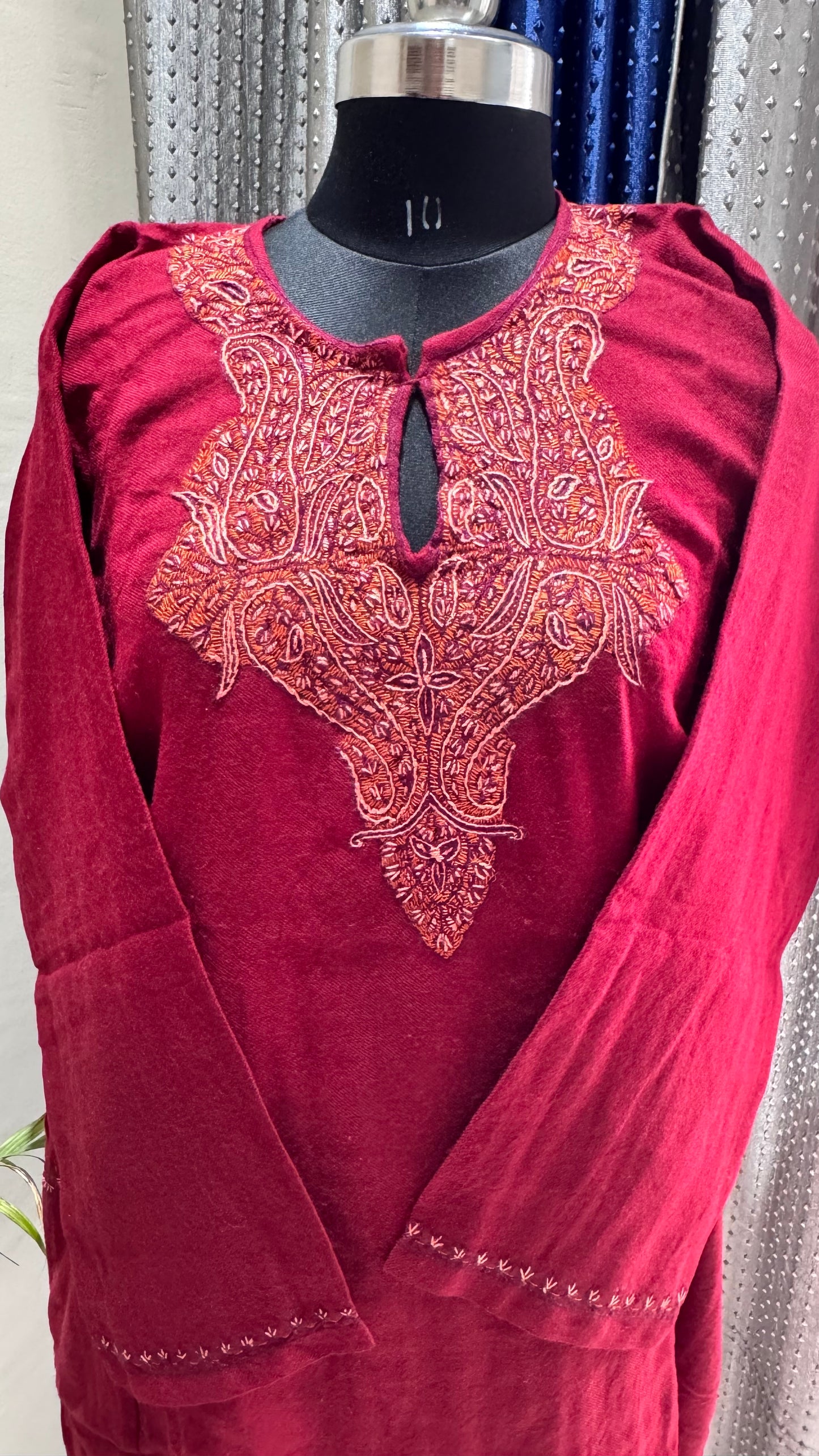 Maroon Sozni Hand Embroidered Pure Marino Wool Kashmiri Pheran with Pockets and Hand Embroidered Sleeves (Size 56”)