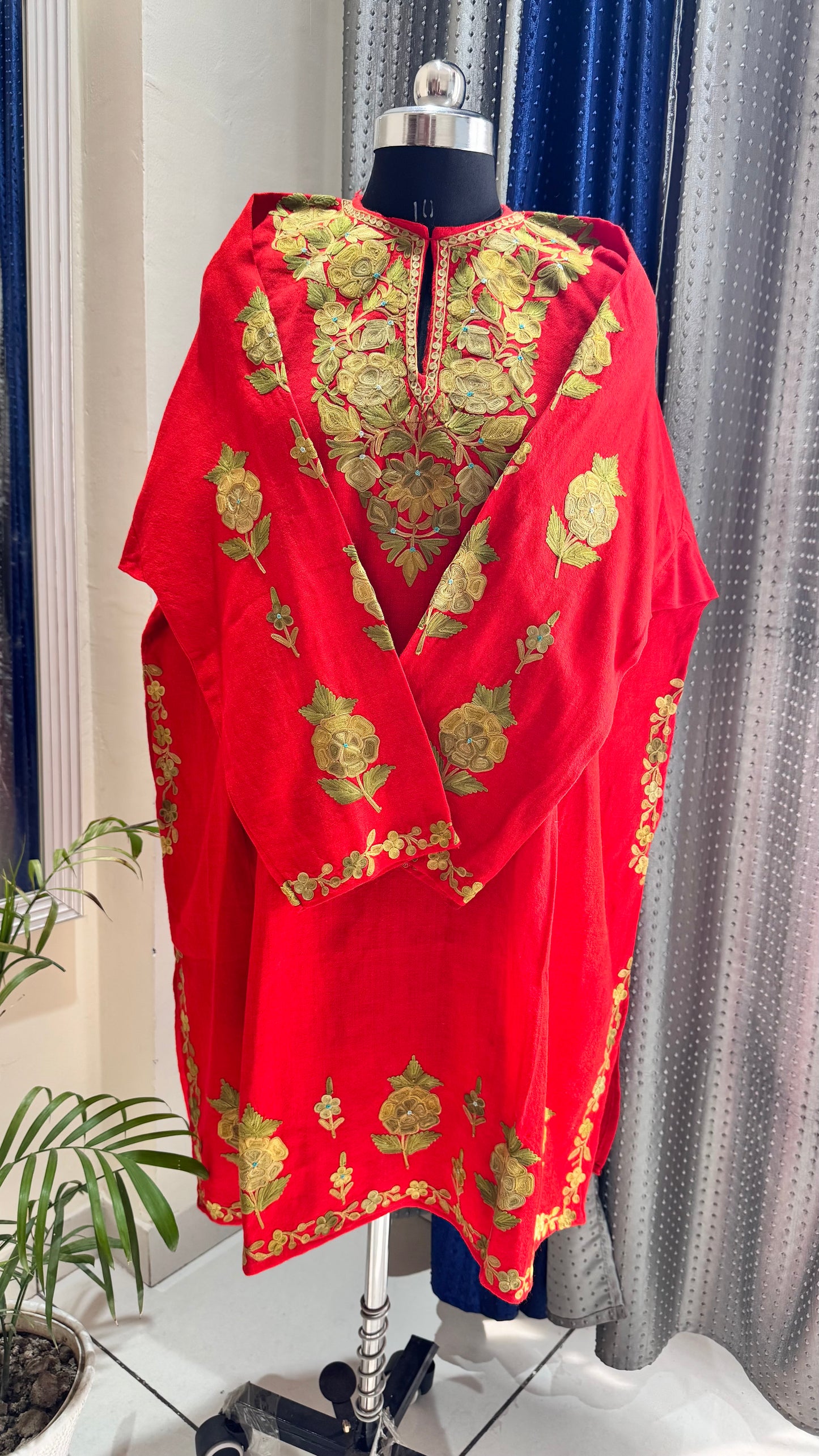 Ravishing Red Hand Embroidered Pure Marino Wool Kashmiri Pheran with Pockets and Hand Embroidered Sleeves (Size 56”)