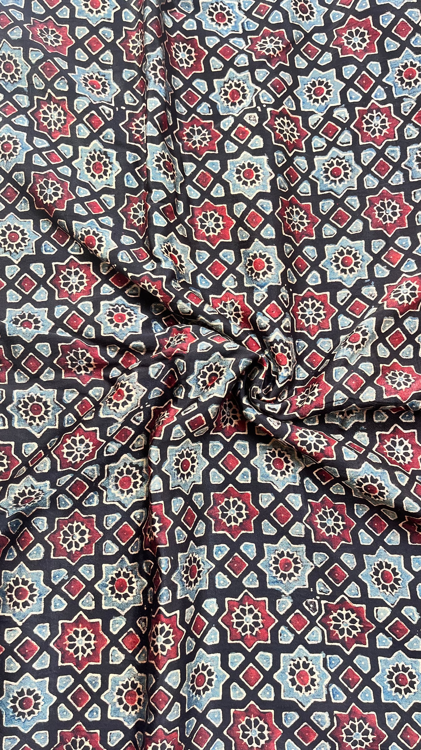 Black Choti Jaali Motif Ajrakh Mashru Silk fabric