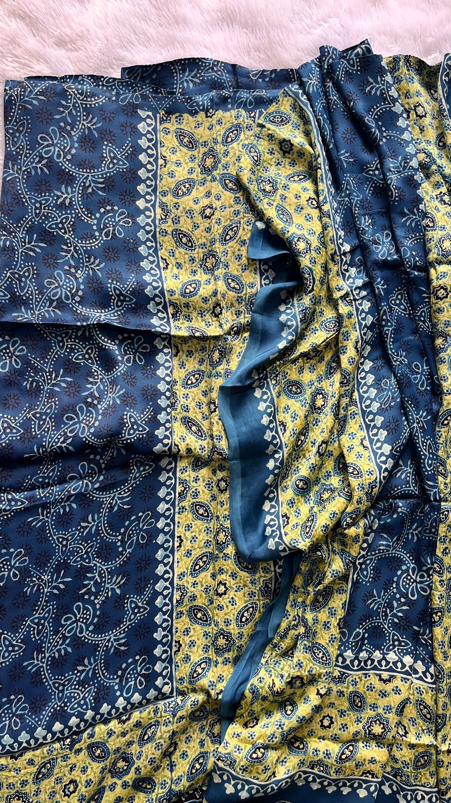 Indigo Small Buti Motif Modal Silk Hand Block Print 3 Piece Suit Material Set