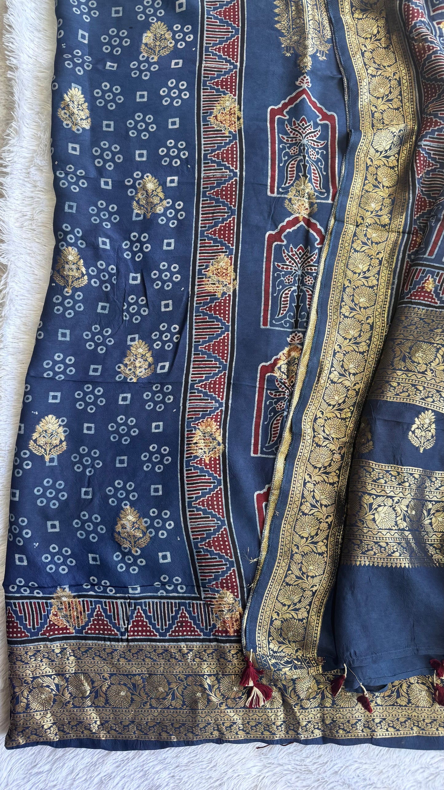 Blue Jharokha Boota Pure Dola Silk Ajrakh Hand Block Print 2pc Suit Material Set with Zari Yoke and Nakkashi Dupatta