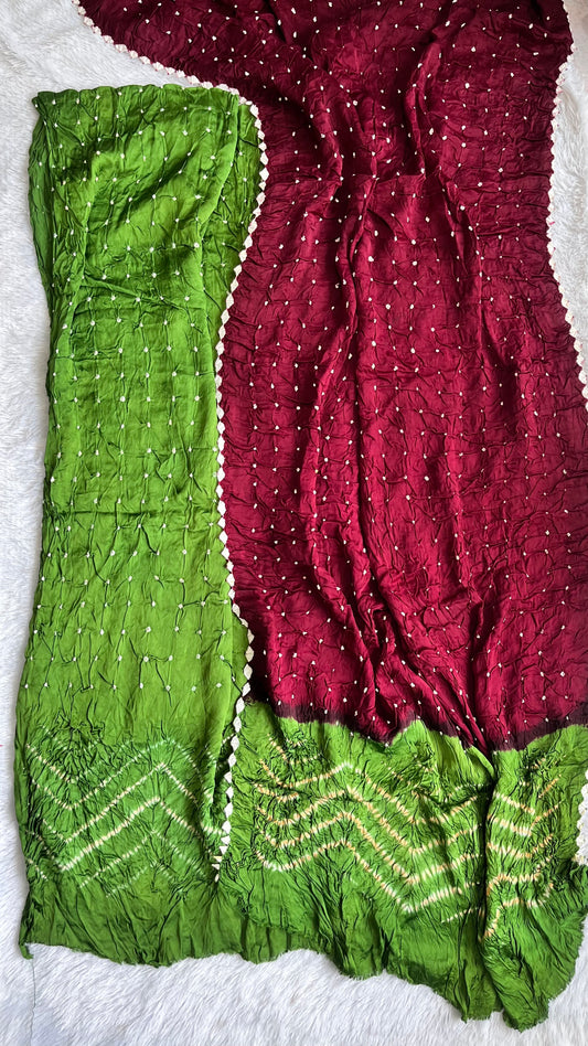 Green and Maroon Modal Silk Ajrakh Natural Dyed Bandhej 2pc Suit Material Set