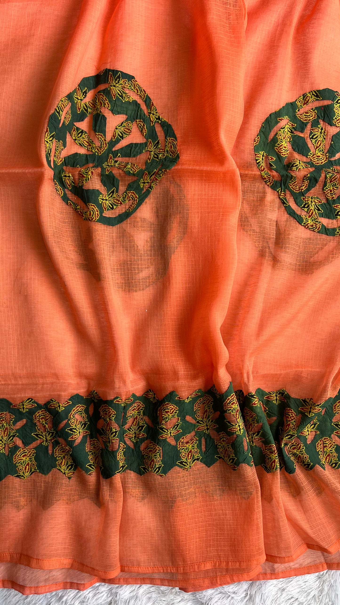 Peach and Green Kota Doria Dupatta with Blue Ajrakh Applique Patchwork