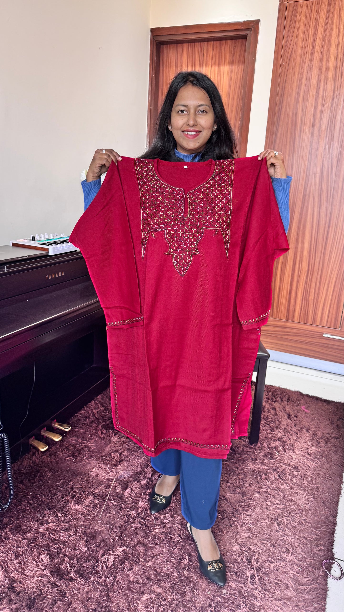 Maroon Floral Hand Embroidered Pure Marino Wool Kashmiri Pheran with Pockets and Hand Embroidered Sleeves (Size 58”)