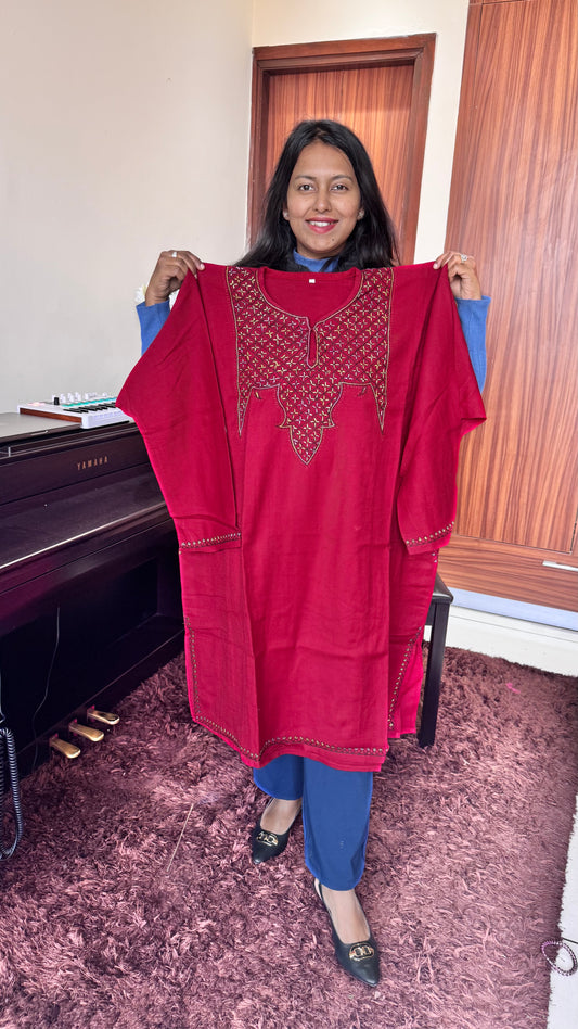 Maroon Floral Hand Embroidered Pure Marino Wool Kashmiri Pheran with Pockets and Hand Embroidered Sleeves (Size 58”)