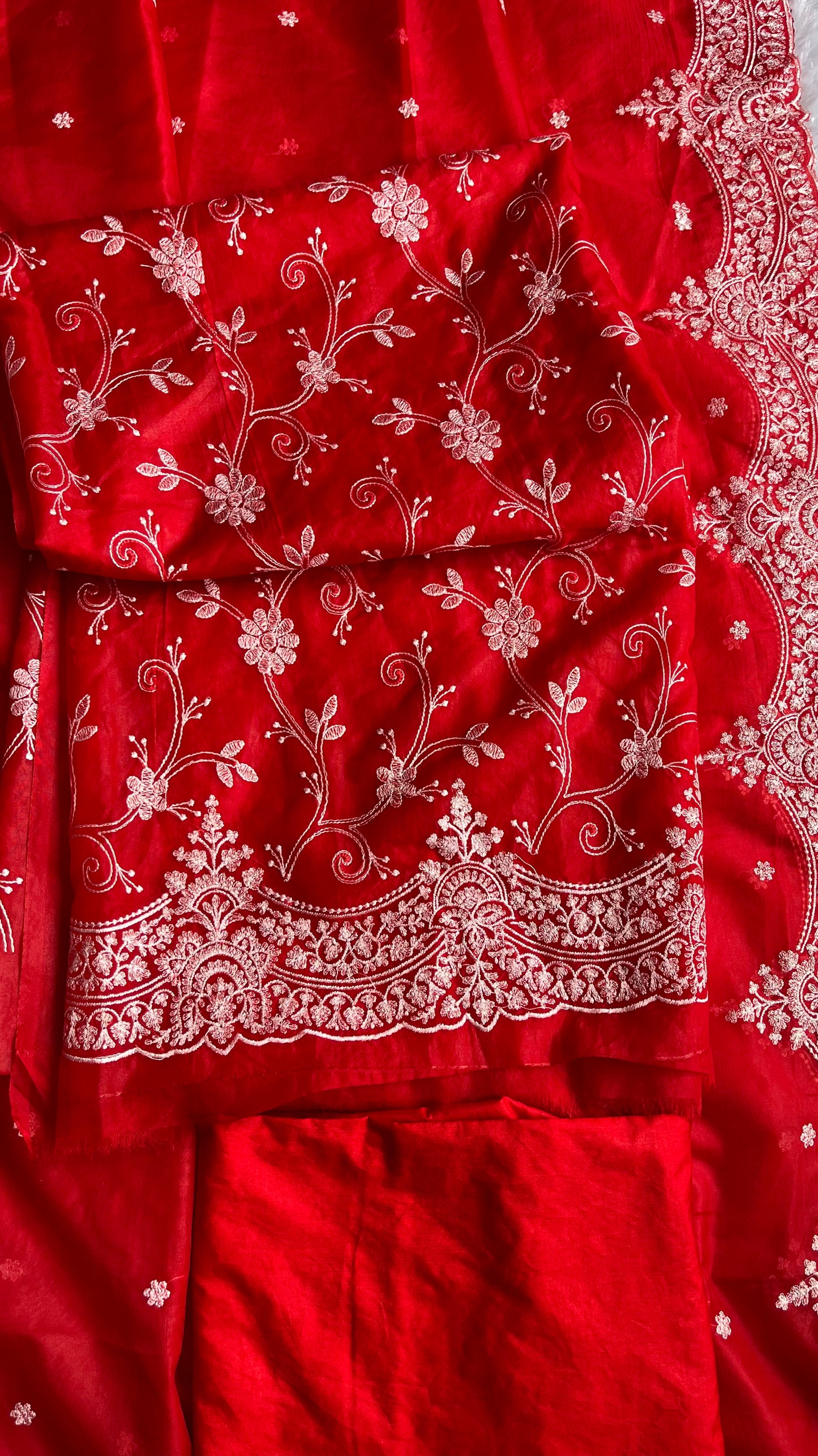 Fiery Red Banarasi Tissue Silk 3-Piece Suit with Threadwork & Organza Dupatta