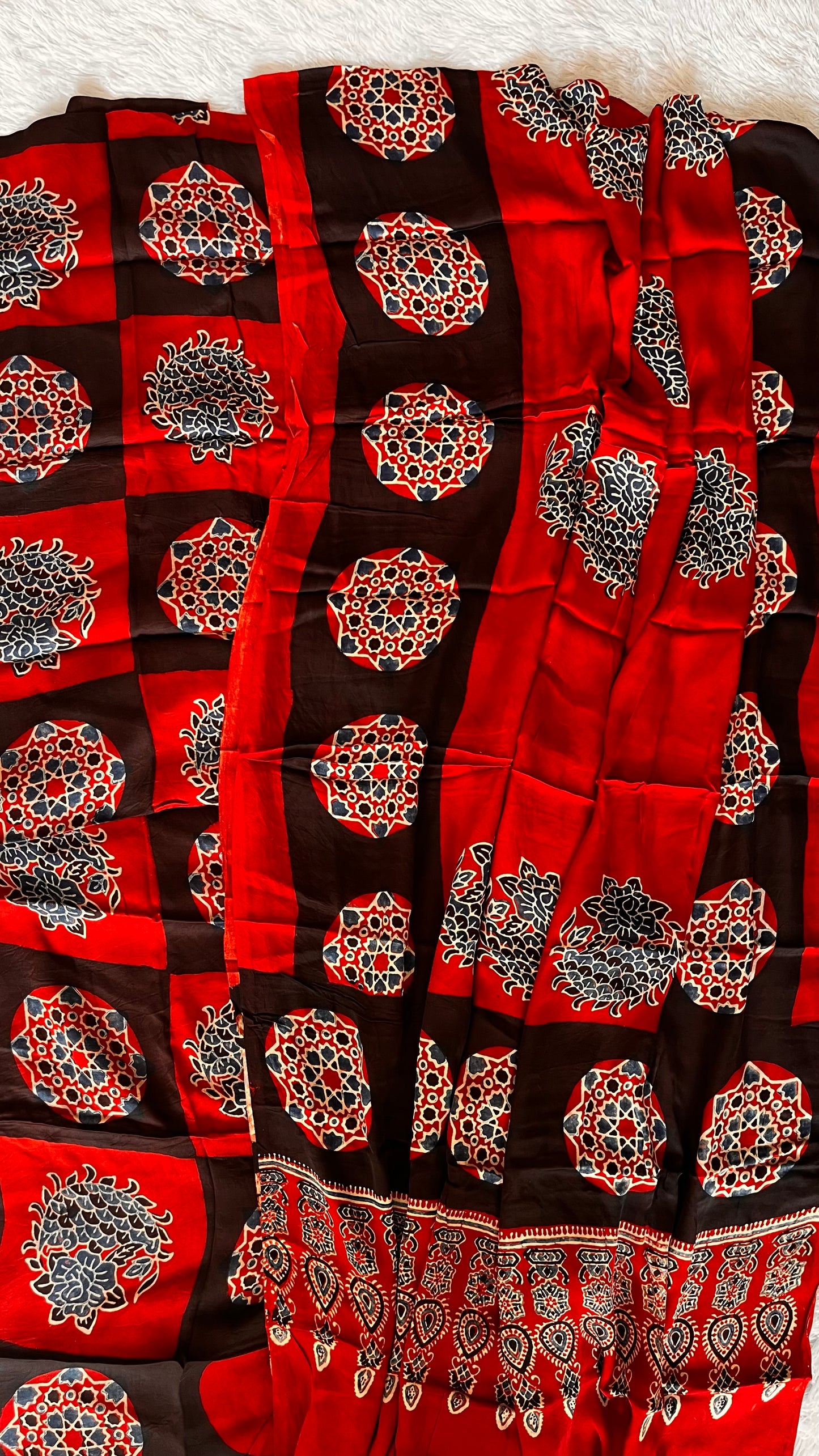 Deep Red Grid Print Ajrakh Motif Modal Silk 2pc Suit Set Material