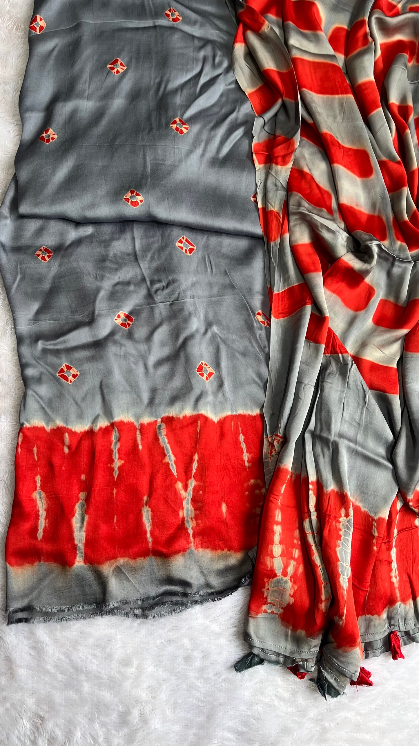 Grey and Red Natural Clamp Dyed Print Modal Silk Hand Block Print 2pc Suit Material