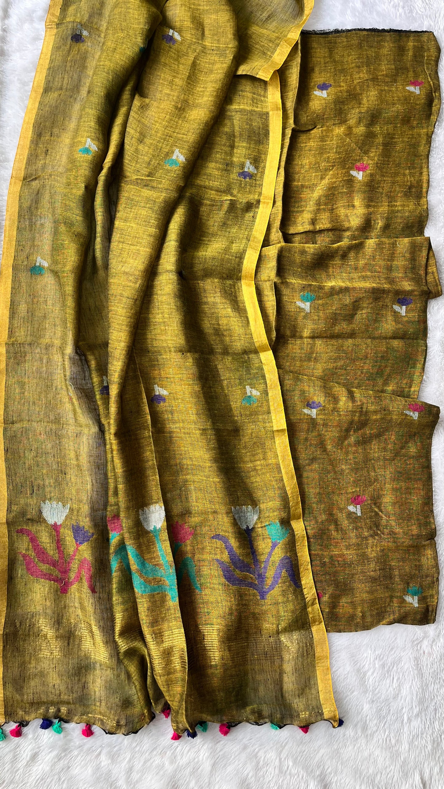 Mehendi Green Paithani Unstitched Pure Linen on Linen Hand Woven Daman 2 pc Suit Set