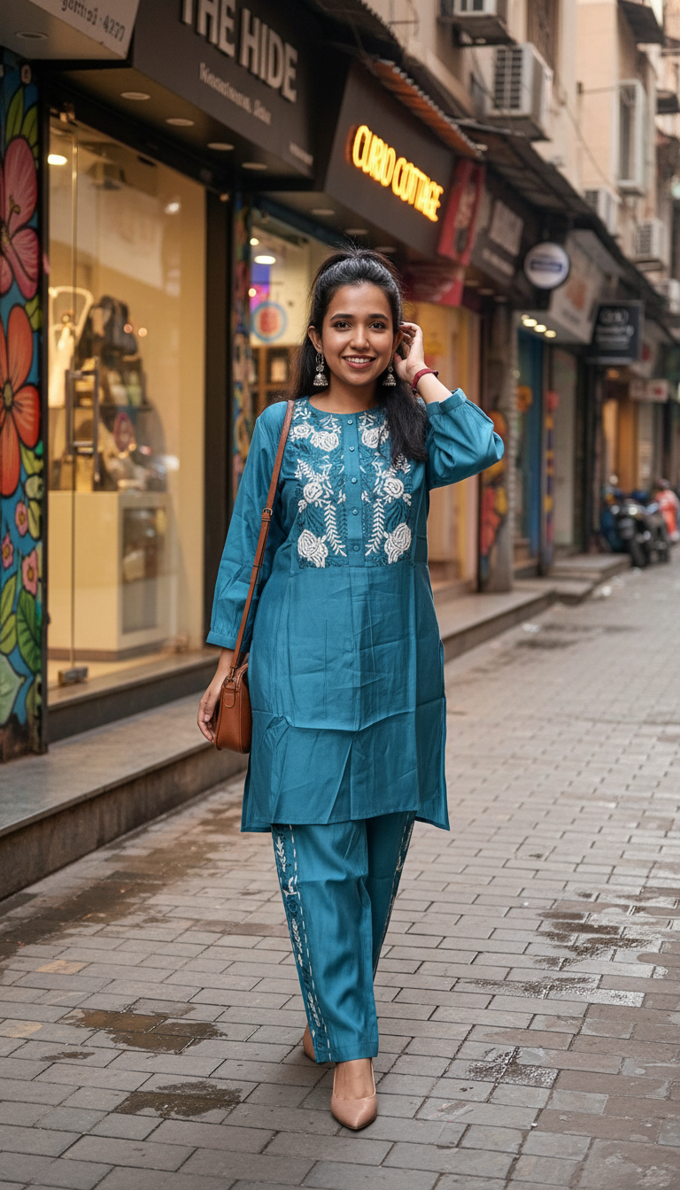 Teal Shade Muslin Silk Cotton Co Ord Set with Embroidery Panel