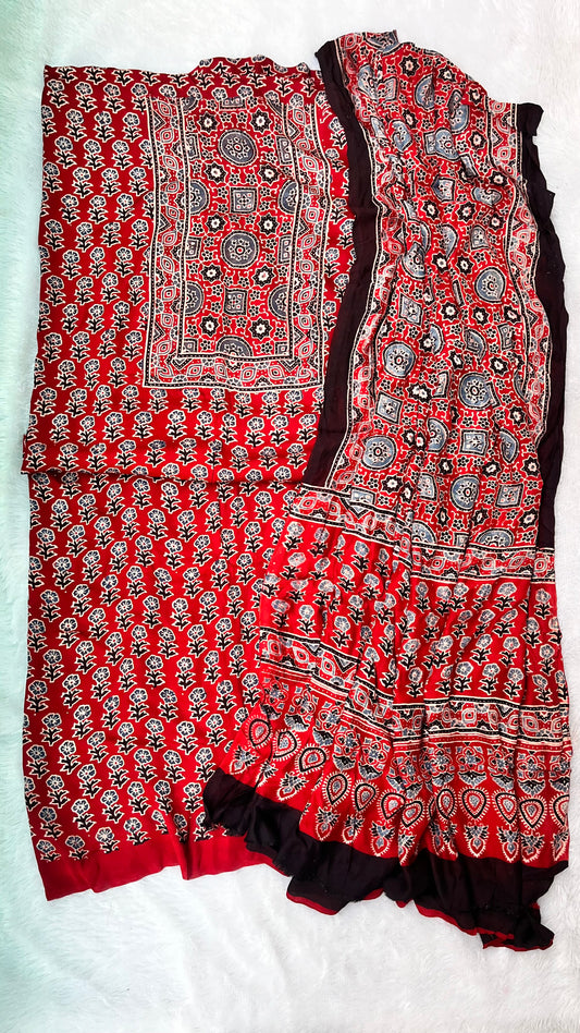 Red Choti Buti Motif Modal Silk Hand Block Print 2pc Suit Material Set