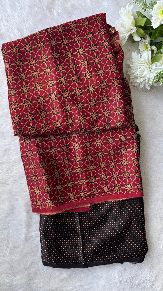 Maddar Red and Black Jaal Motif Ajrakh Mashru Silk Kurta Pant Fabric