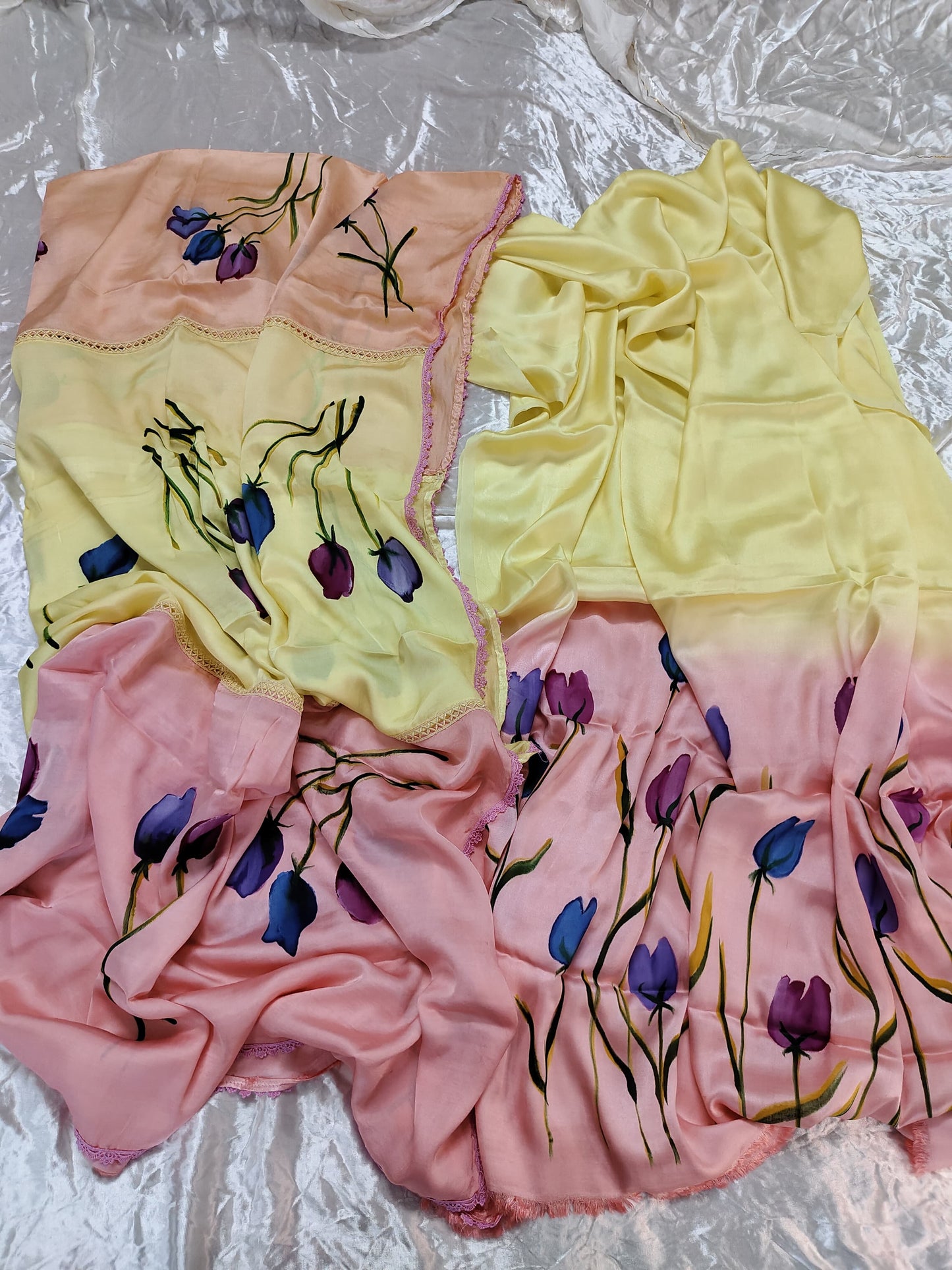 Ombre Shade Flower Motif Hand Painted 2 Piece Suit Material with Modal Silk Dupatta