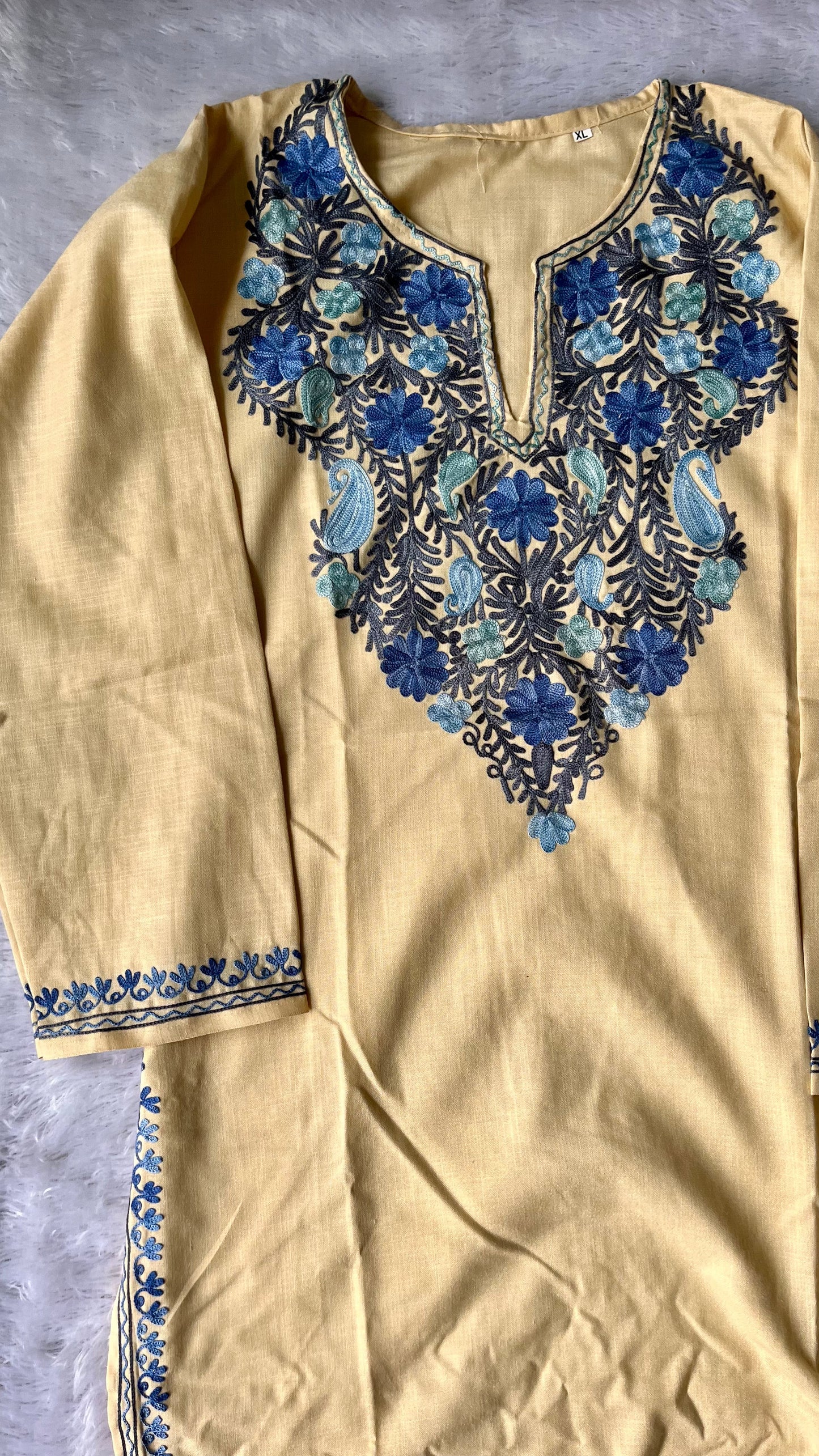 Cream and Blue Multicolour Floral Kashmiri Aari Work Embroidered Kurti