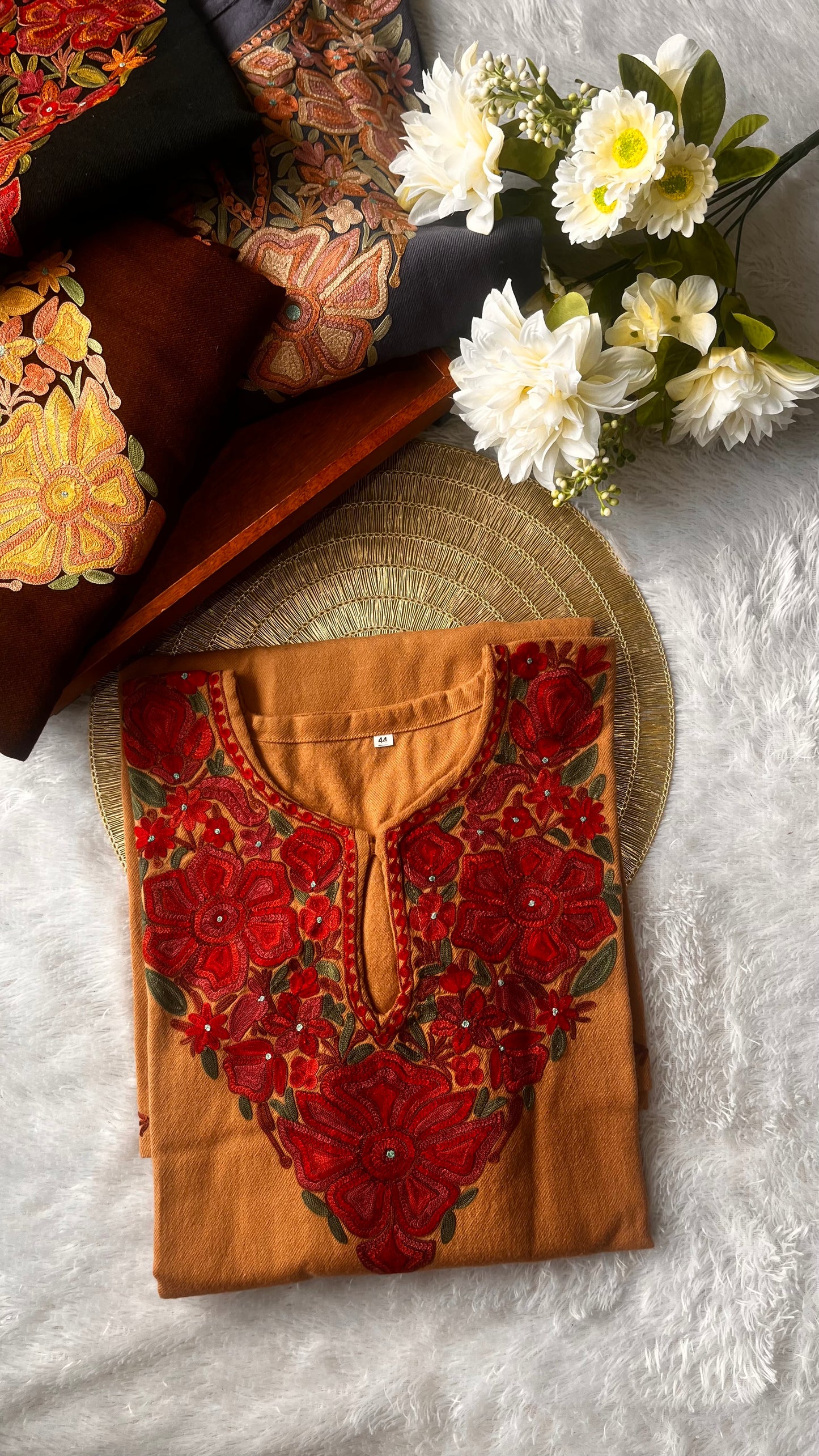 Beige Shade Aari Hand Embroidered Pure Marino Wool Pheran with Pockets