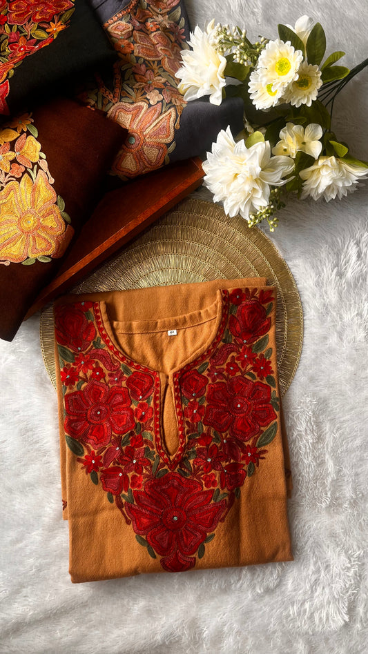 Beige Shade Aari Hand Embroidered Pure Marino Wool Pheran with Pockets