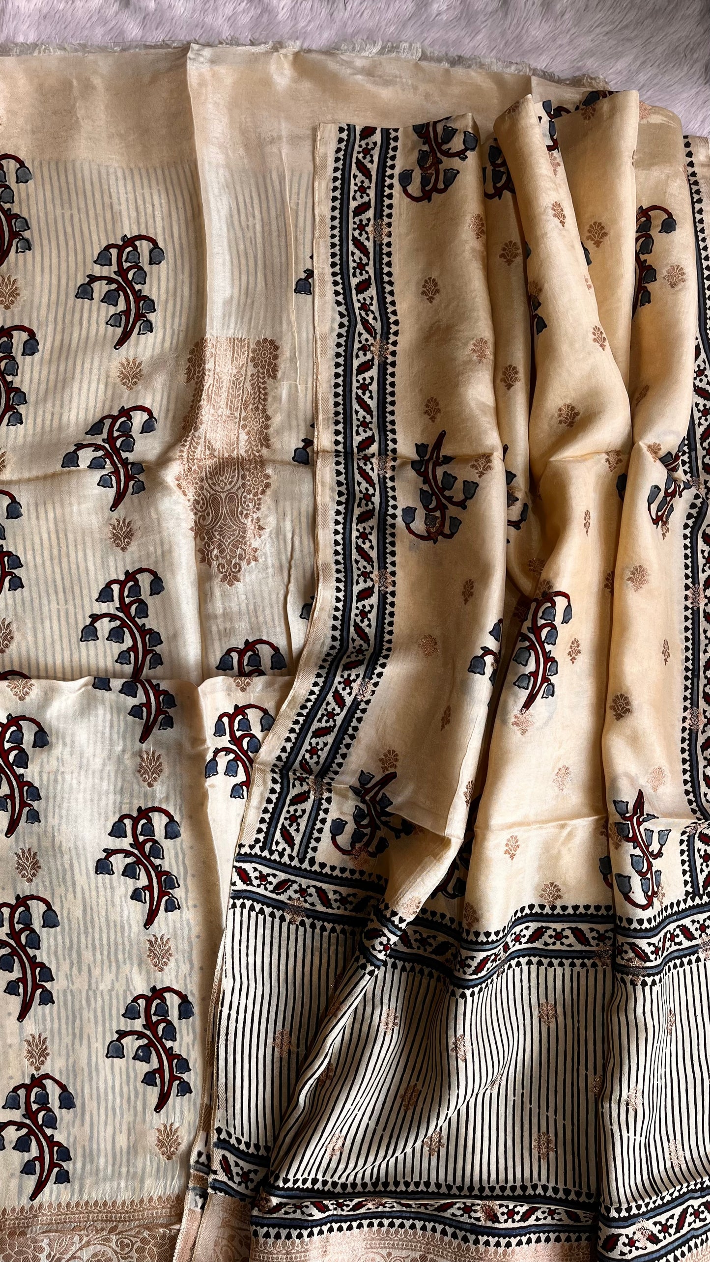 Off White Mugal Boota Pure Dola Silk Ajrakh Hand Block Print 2pc Suit Material Set with Menakari Yoke and Nakkashi Dupatta