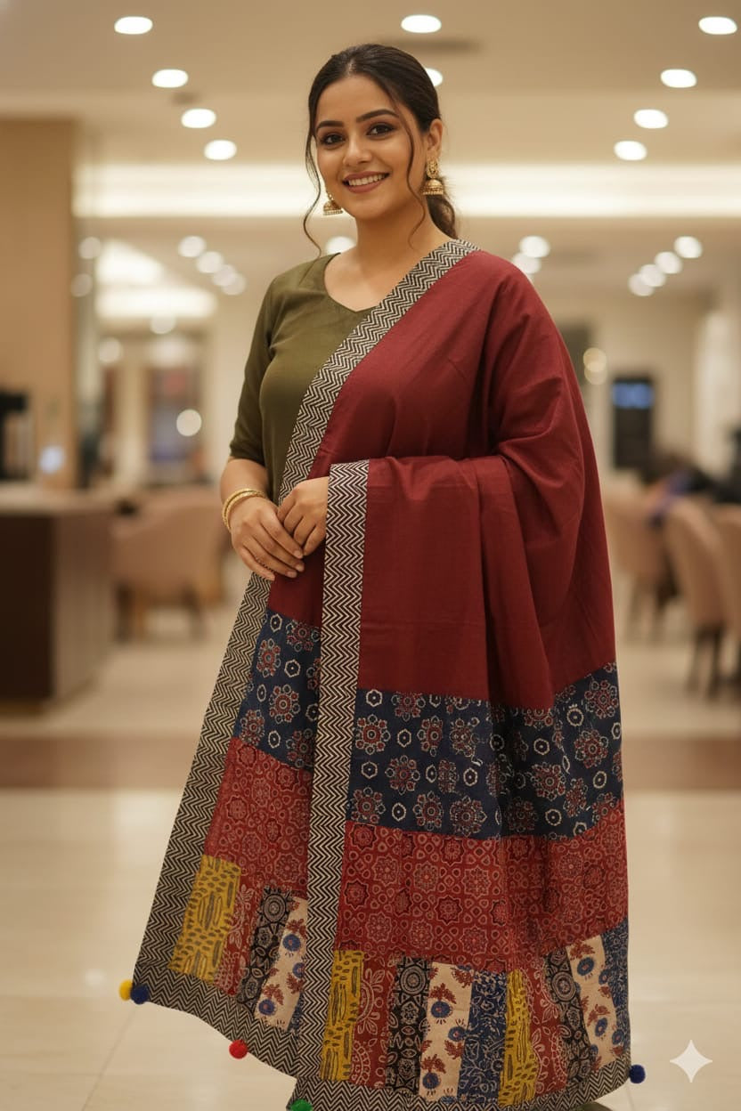 Maroon Ajrakh Patchwork Cotton Stole