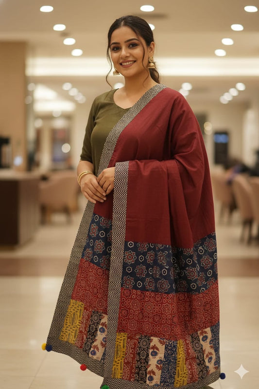 Maroon Ajrakh Patchwork Cotton Stole